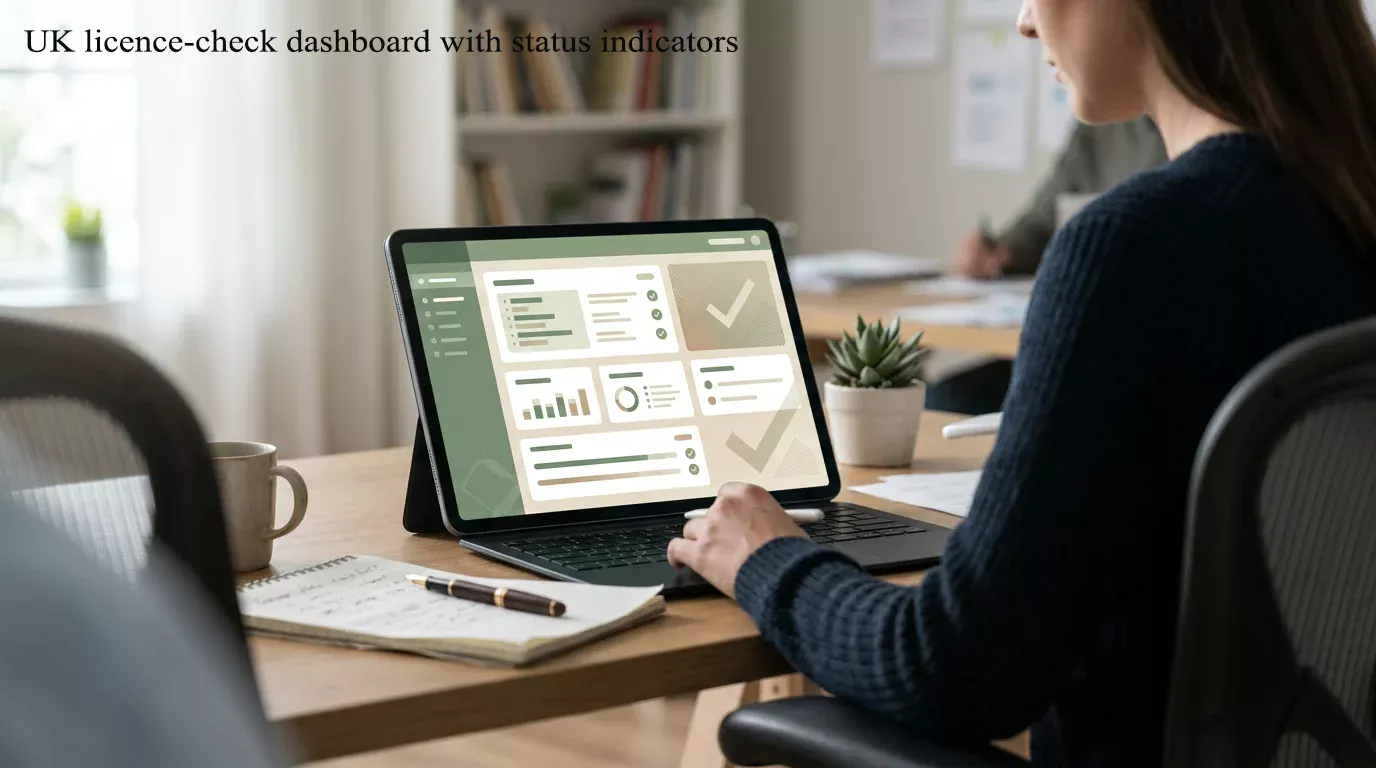 Abstract UK licence-check dashboard with status indicators