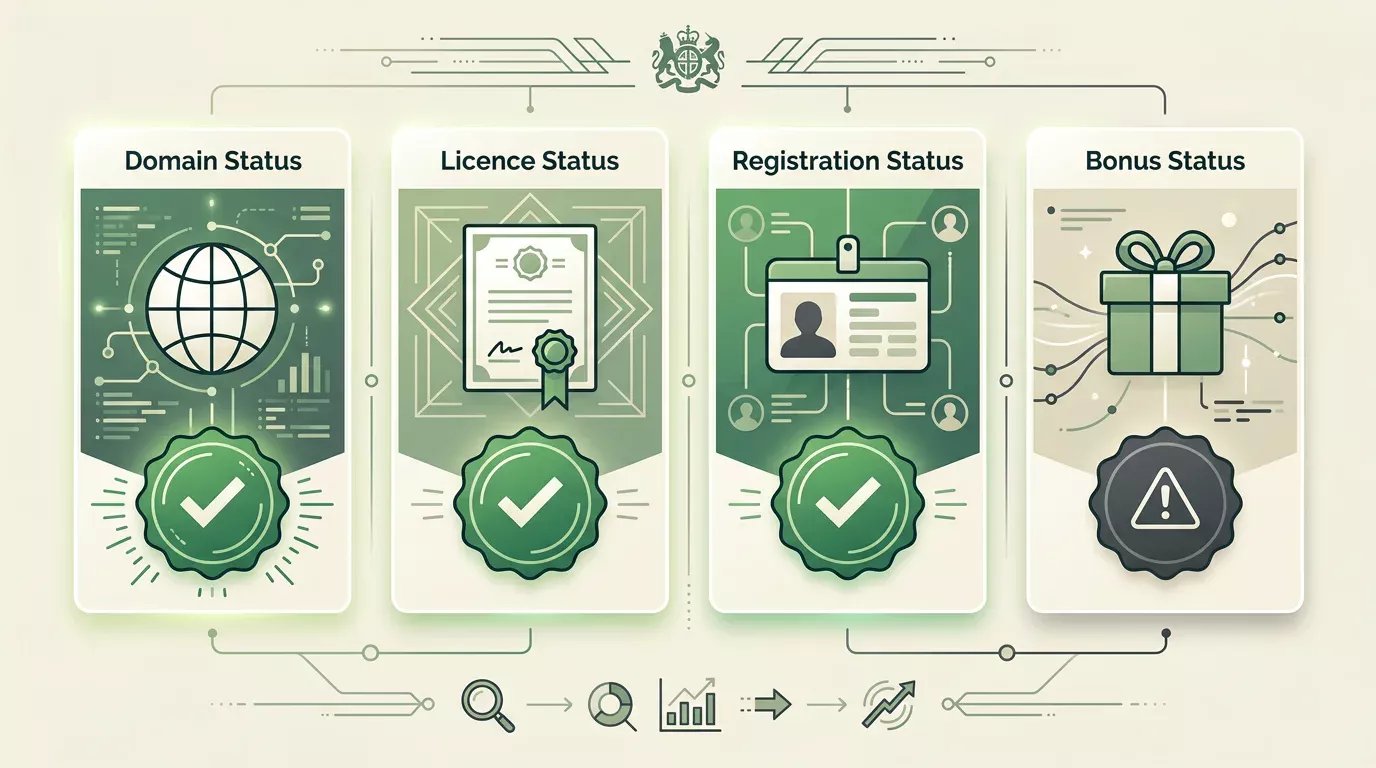 Abstract status checklist for UKGC domain, licence, registration and bonus checks