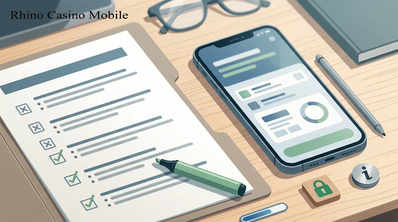 Phone mock-up with a Rhino Casino mobile UK verification checklist